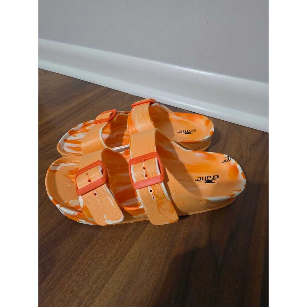 Crane Slide Sandals Womens 8 Orange Excellent Marble Double Buckle EVA Slides